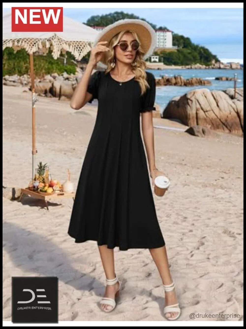 Midi Dress with Puff Sleeves Pleated Flowy Sundress with Pockets